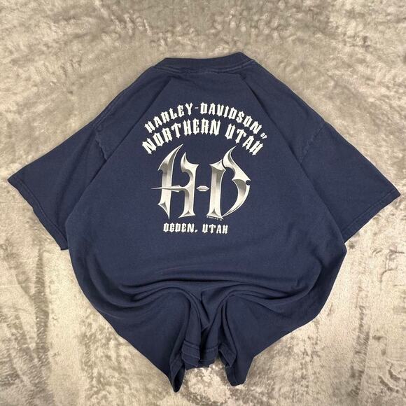 Vintage 2004 Harley Davidson Navy HD Logo Stripe Print Utah Graphic Tshirt L - Picture 2 of 7